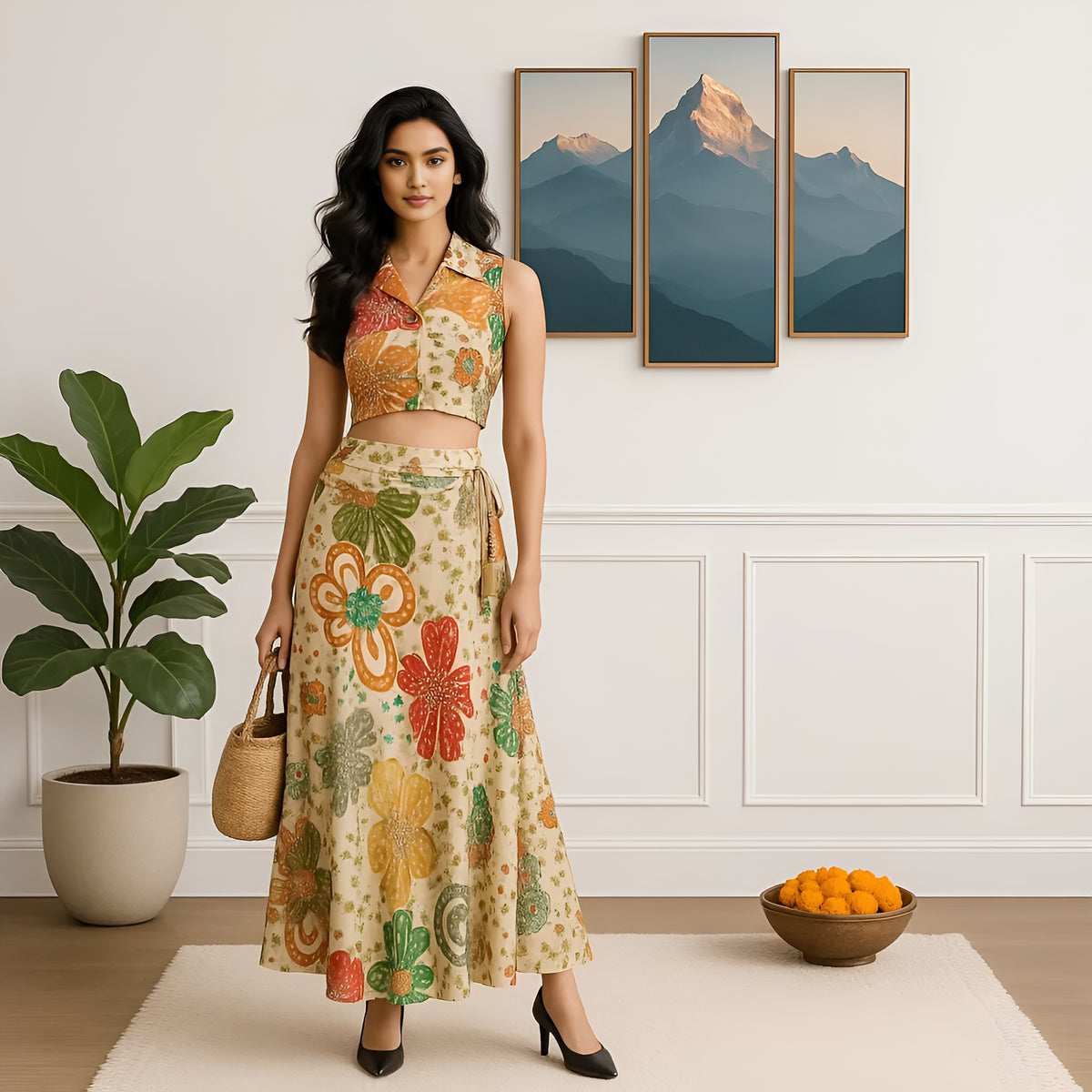 Printed Below Knee Flared Skirt