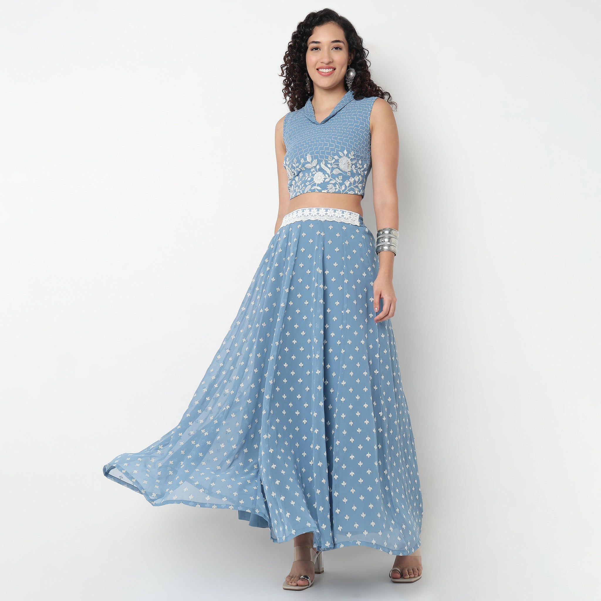 Printed Polyester Flared Skirt