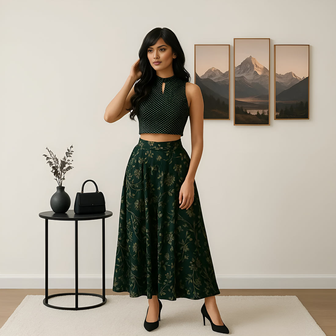 Printed Below Knee Flared Skirt