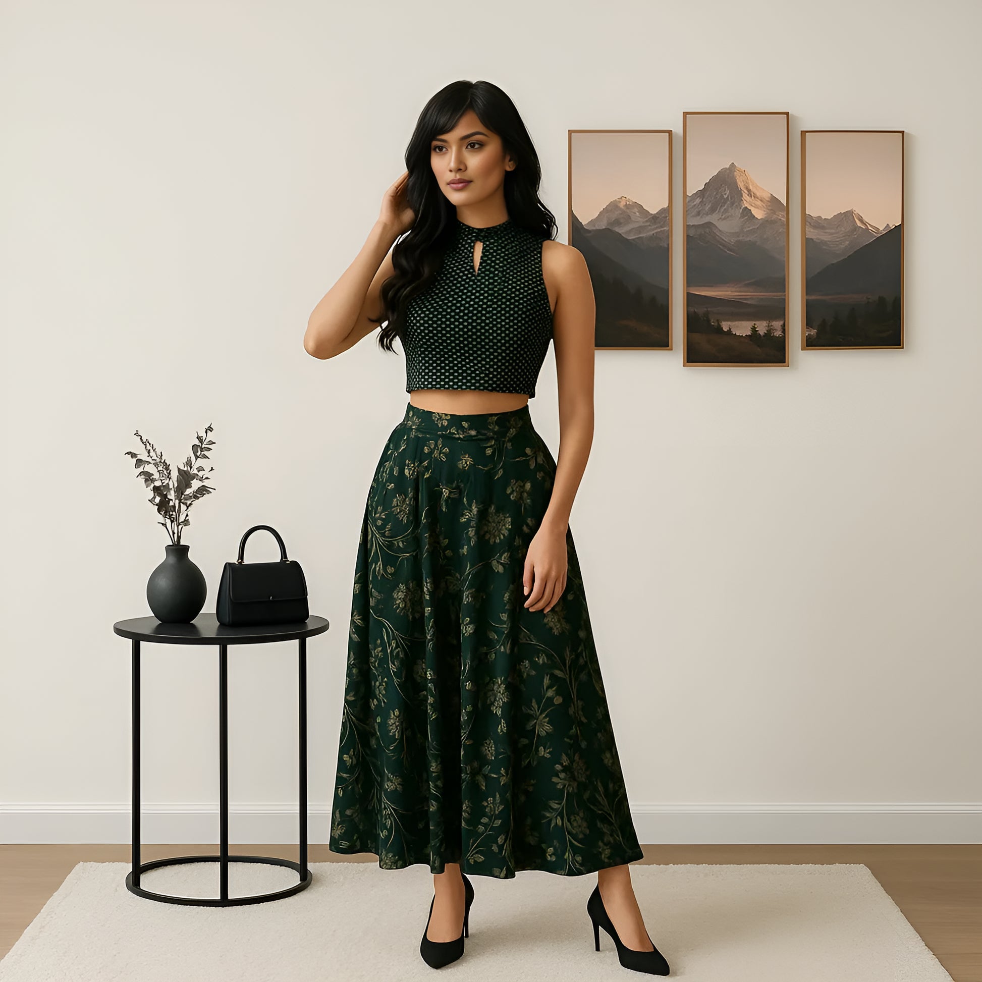 Printed Below Knee Flared Skirt