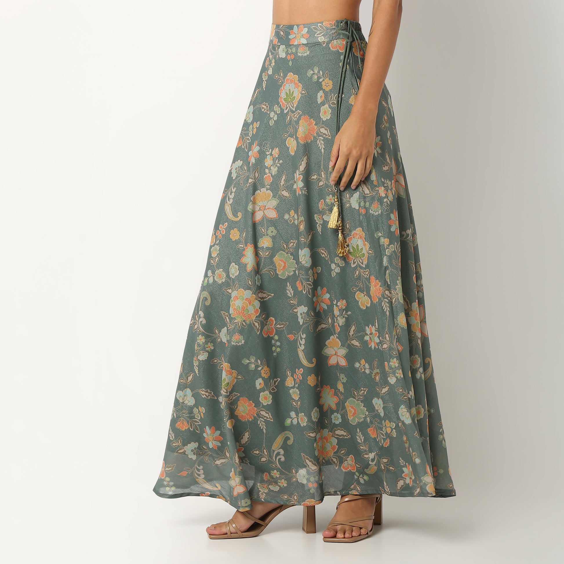 Floral Polyester Flared Skirt