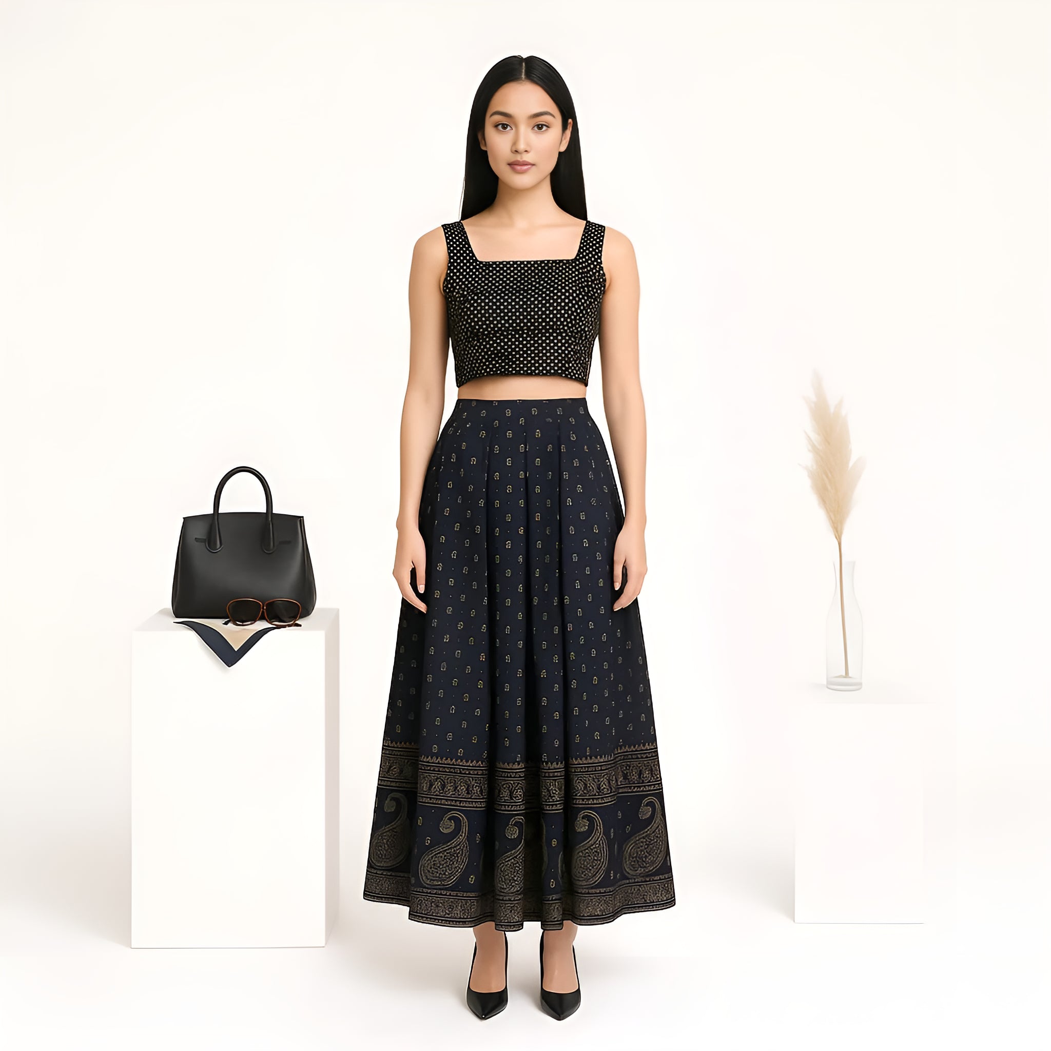 Foil Print Below Knee Flared Skirt