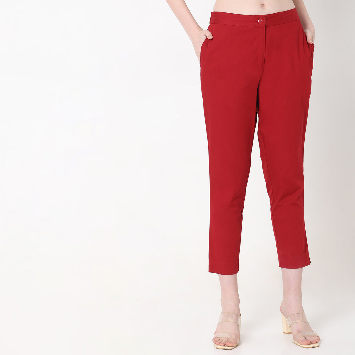 Slim Fit Solid Mid Rise Pants