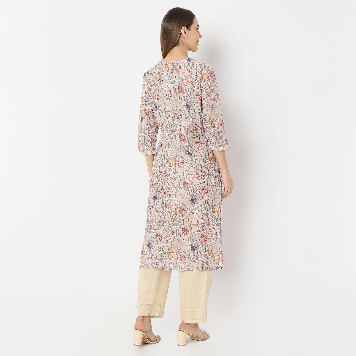 Straight Fit Floral Print on Schiffli Fabric V-Neck Kurta