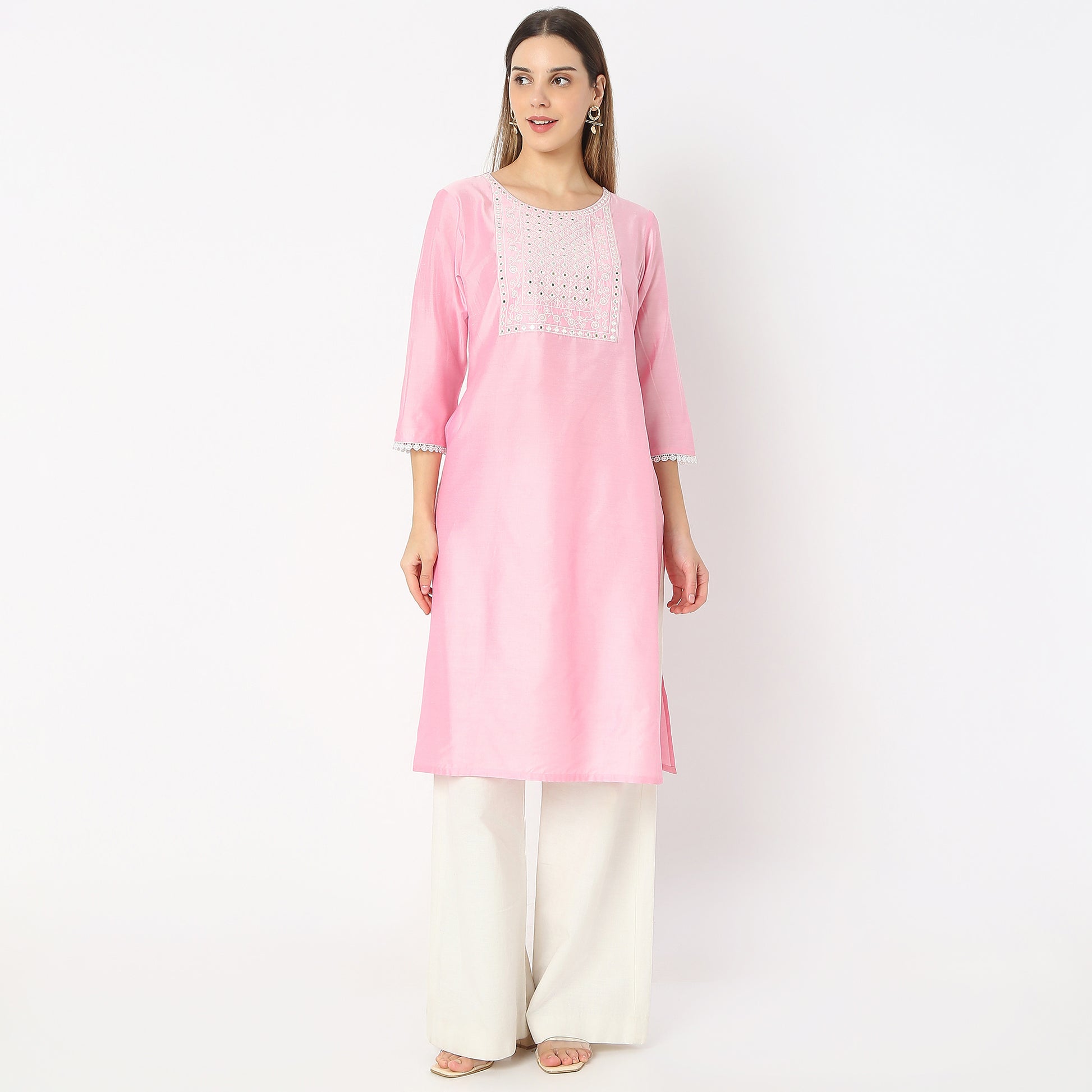 Embroidered Below Knee Straight Fit Yoke Kurta
