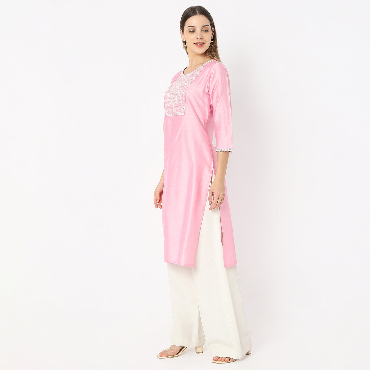 Embroidered Below Knee Straight Fit Yoke Kurta