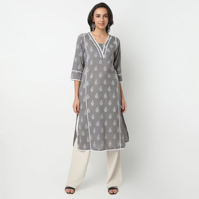 Straight Fit Printed V-Neck Kurta