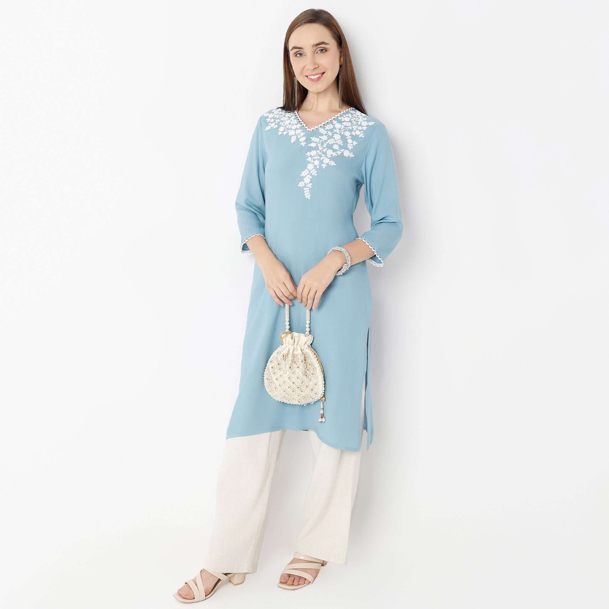 Straight Fit Embroidered V-Neck Kurta