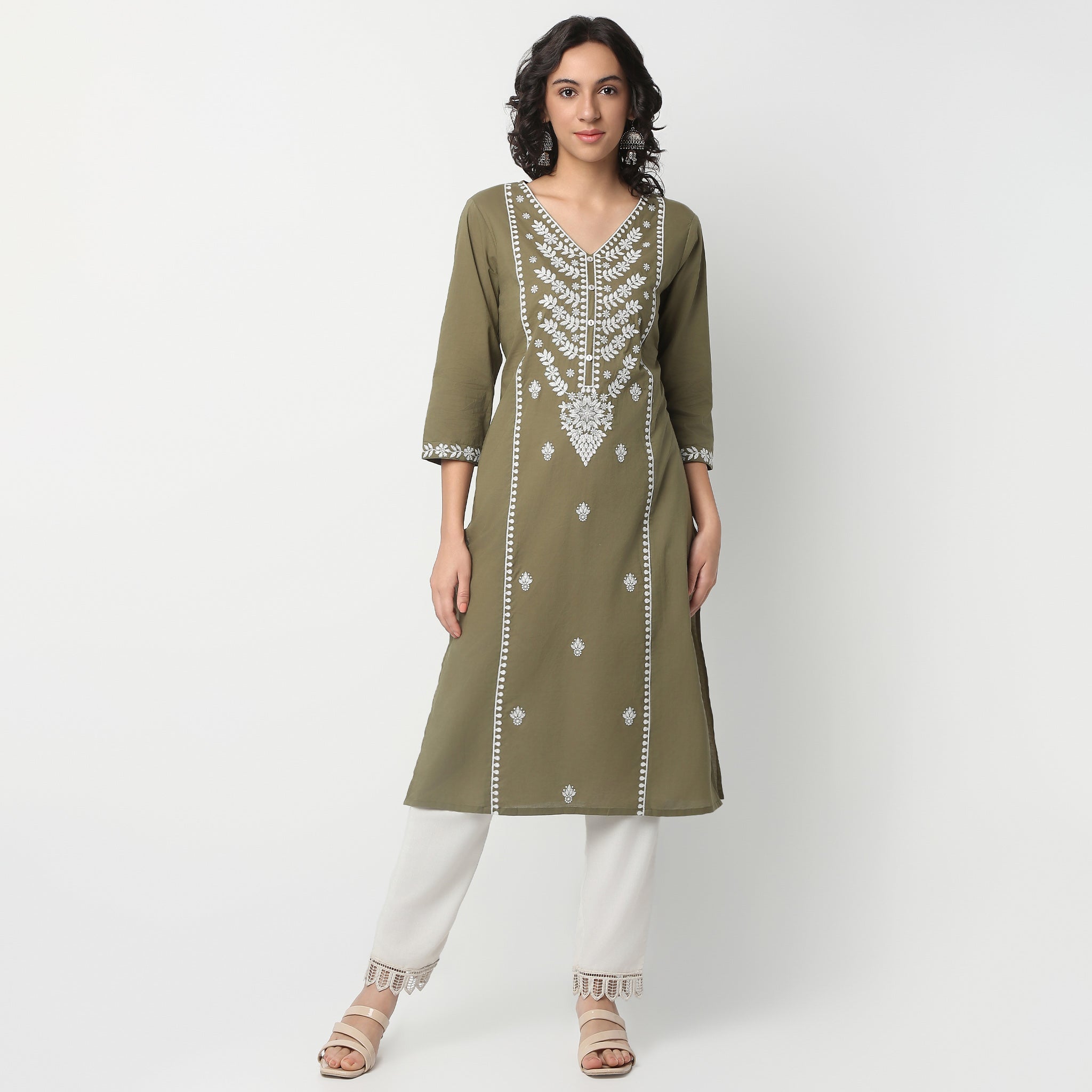 V-Neck Below Knee Three-Fourth Sleeve Straight Fit Embroidered Kurta