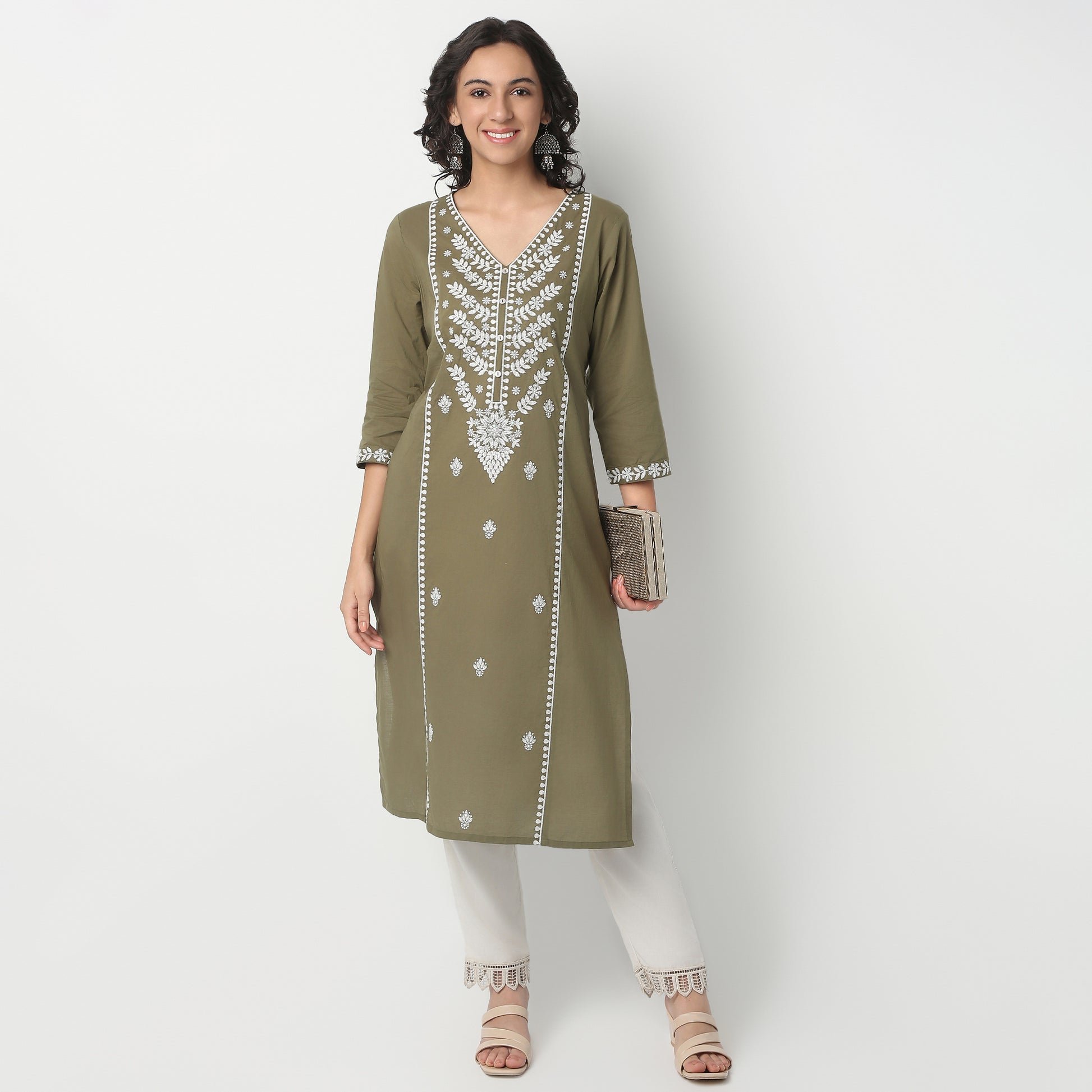 V-Neck Below Knee Three-Fourth Sleeve Straight Fit Embroidered Kurta