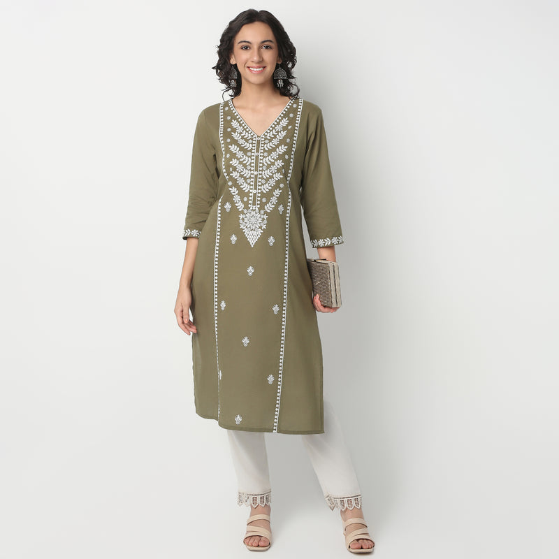 V-Neck Below Knee Three-Fourth Sleeve Straight Fit Embroidered Kurta