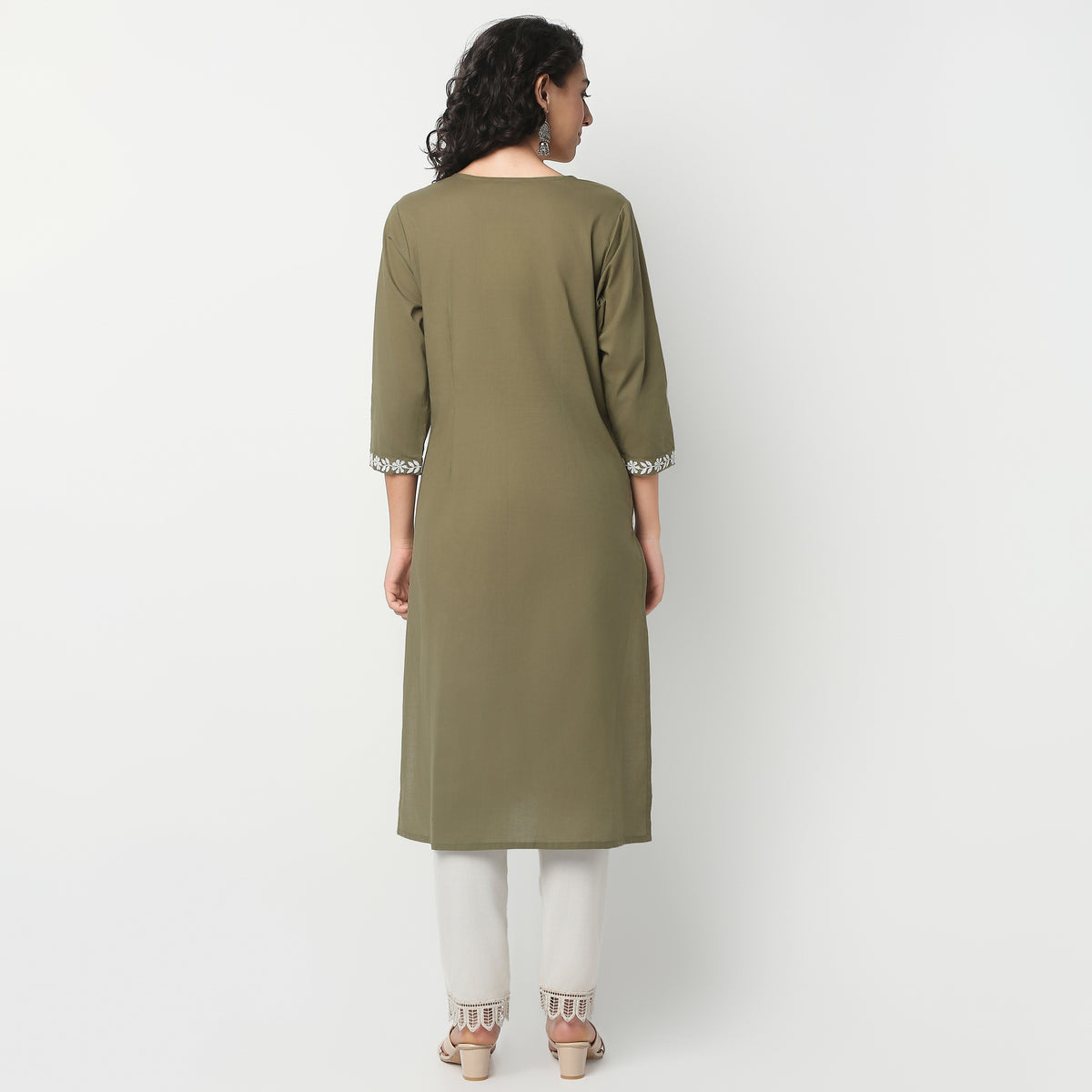 V-Neck Below Knee Three-Fourth Sleeve Straight Fit Embroidered Kurta