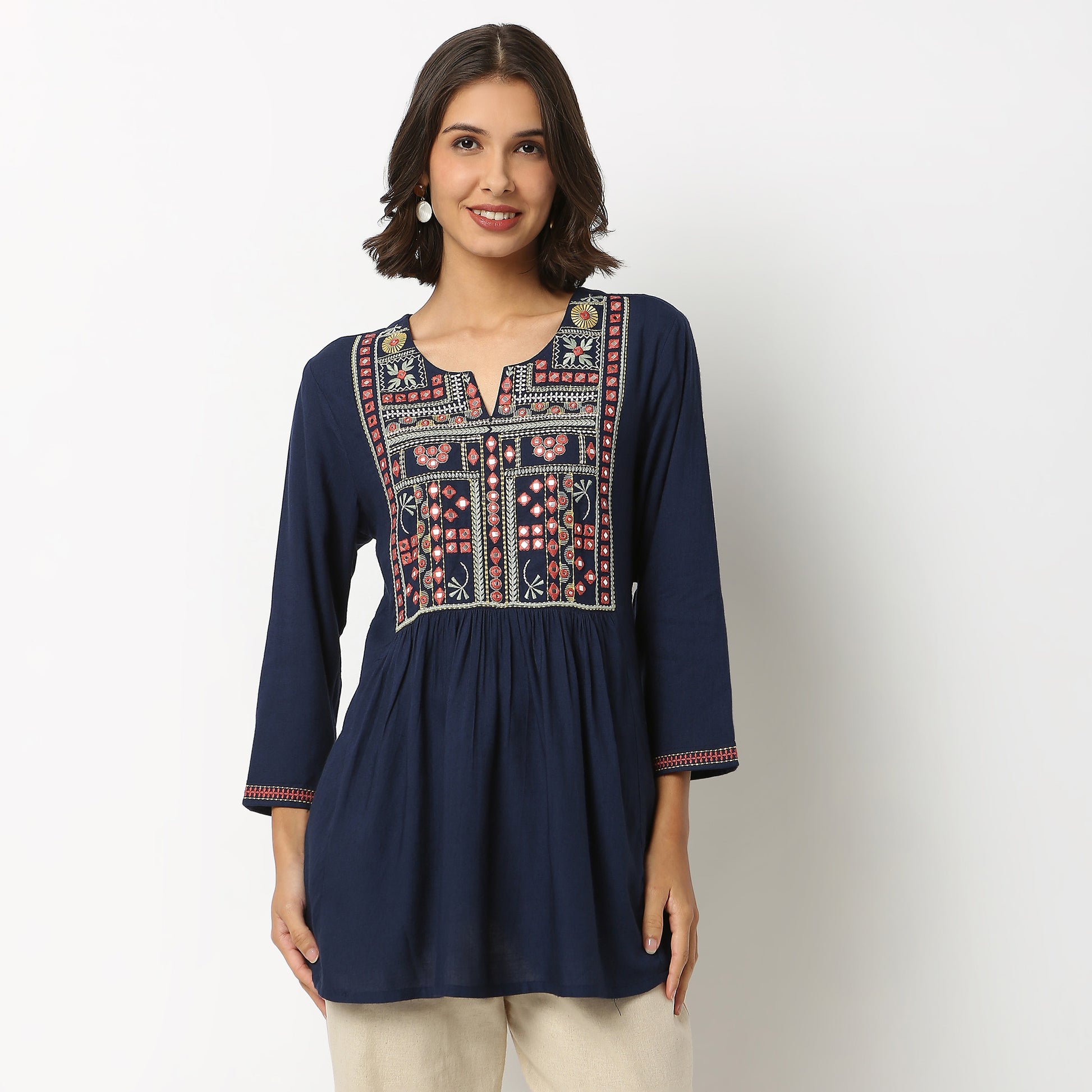 Buy Women Flare Fit Embroidered Three-Fourth Sleeve Kurta  - Style Union