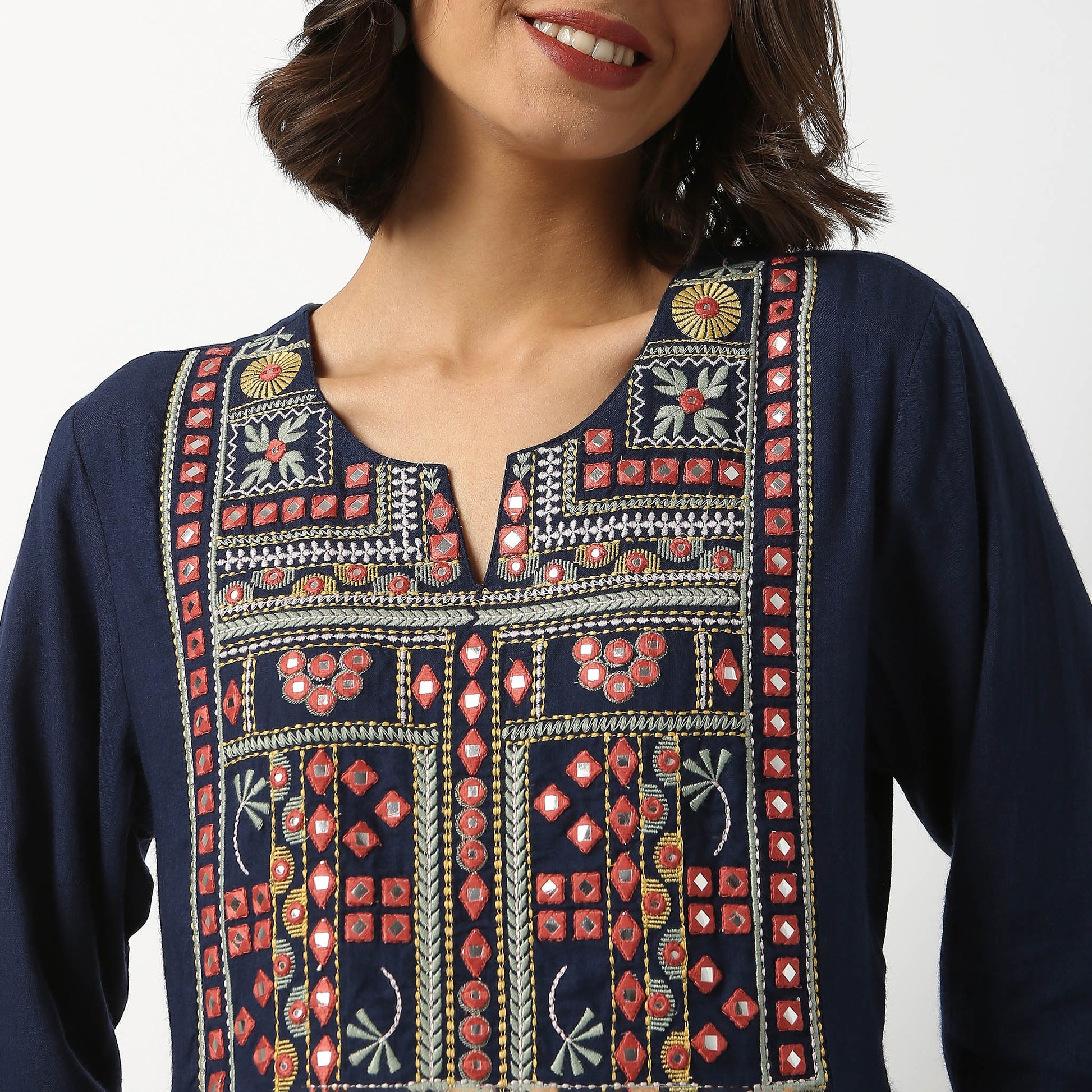 Buy Women Flare Fit Embroidered Three-Fourth Sleeve Kurta  - Style Union