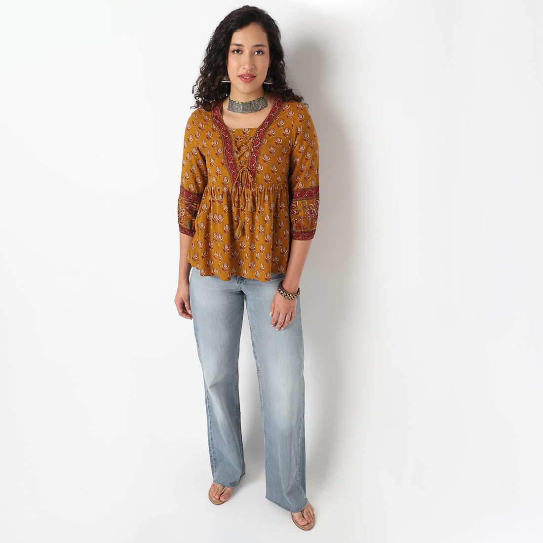 Printed V Neck A line Tunic