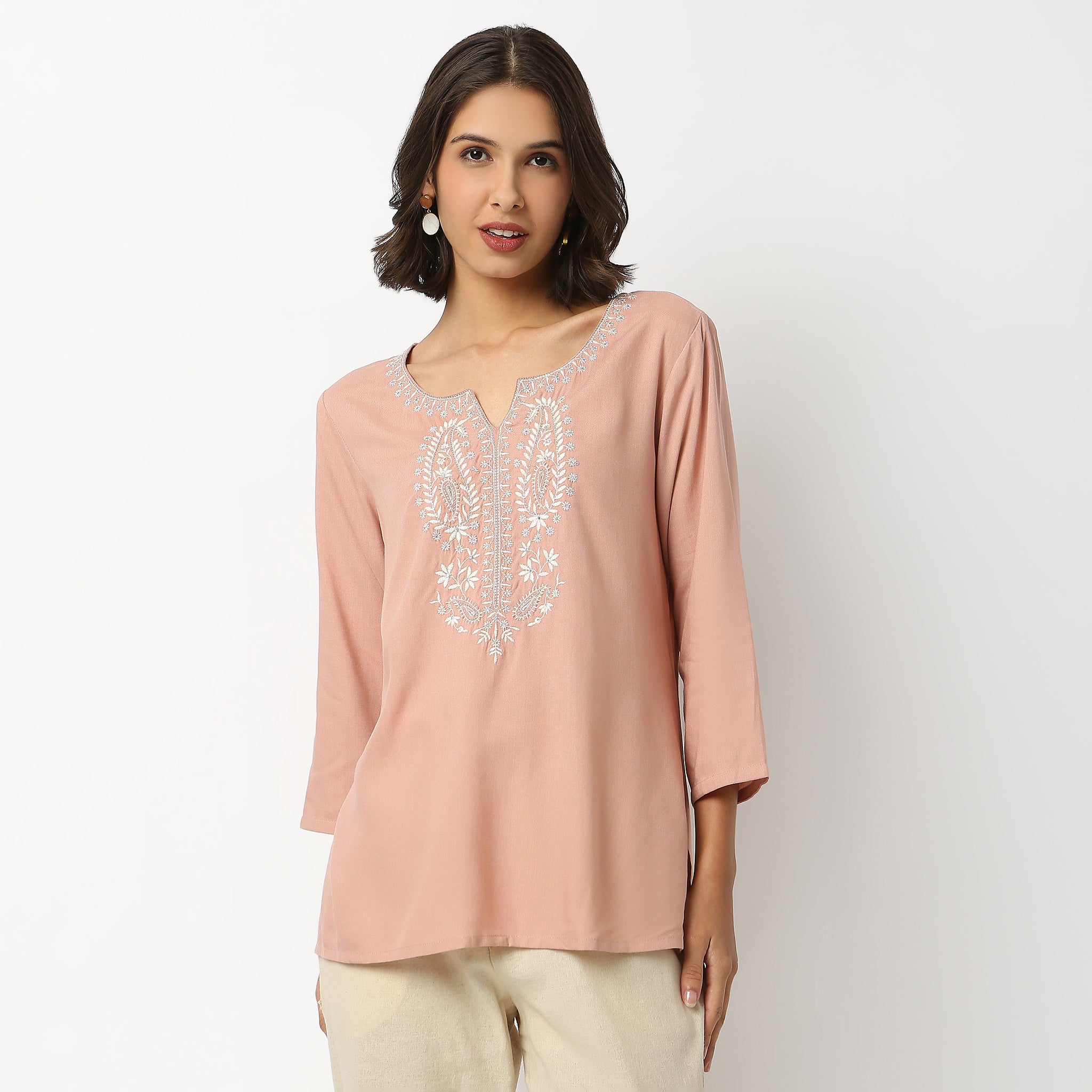 Buy Women Straight Fit Embroidered Three-Fourth Sleeve Kurta  - Style Union