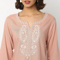 Buy Women Straight Fit Embroidered Three-Fourth Sleeve Kurta  - Style Union