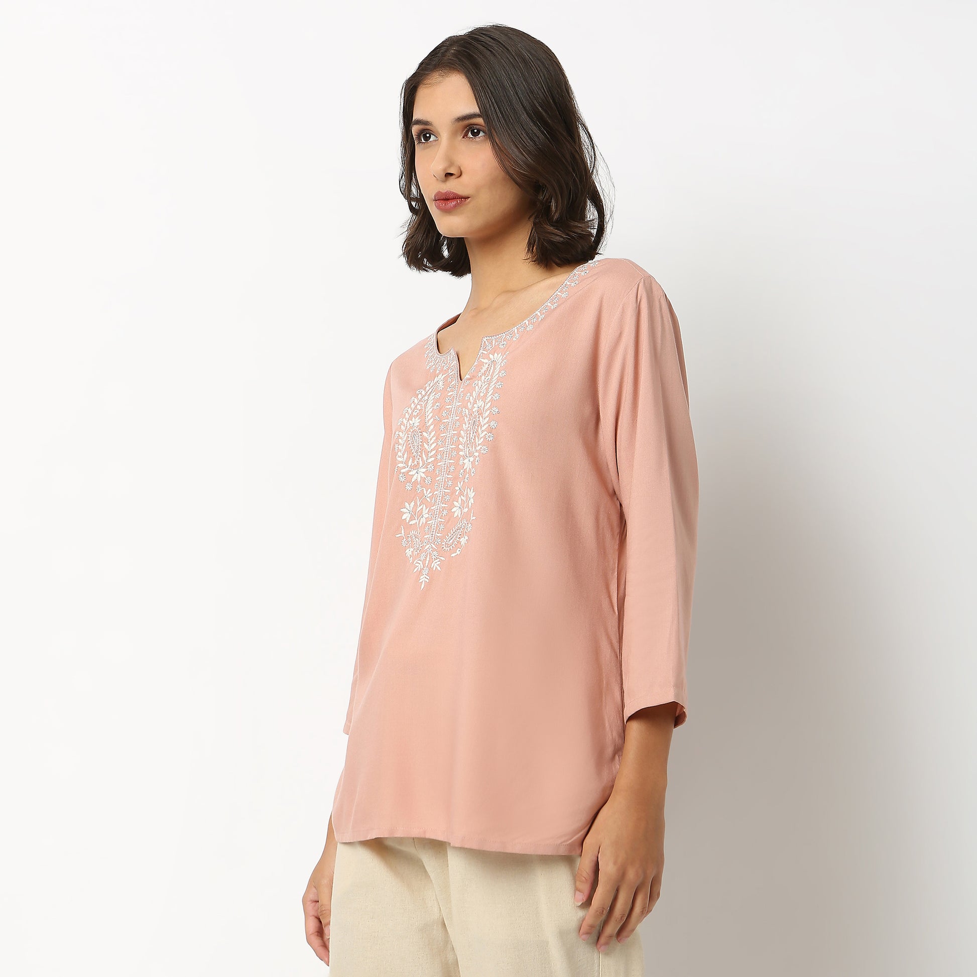 Buy Women Straight Fit Embroidered Three-Fourth Sleeve Kurta  - Style Union