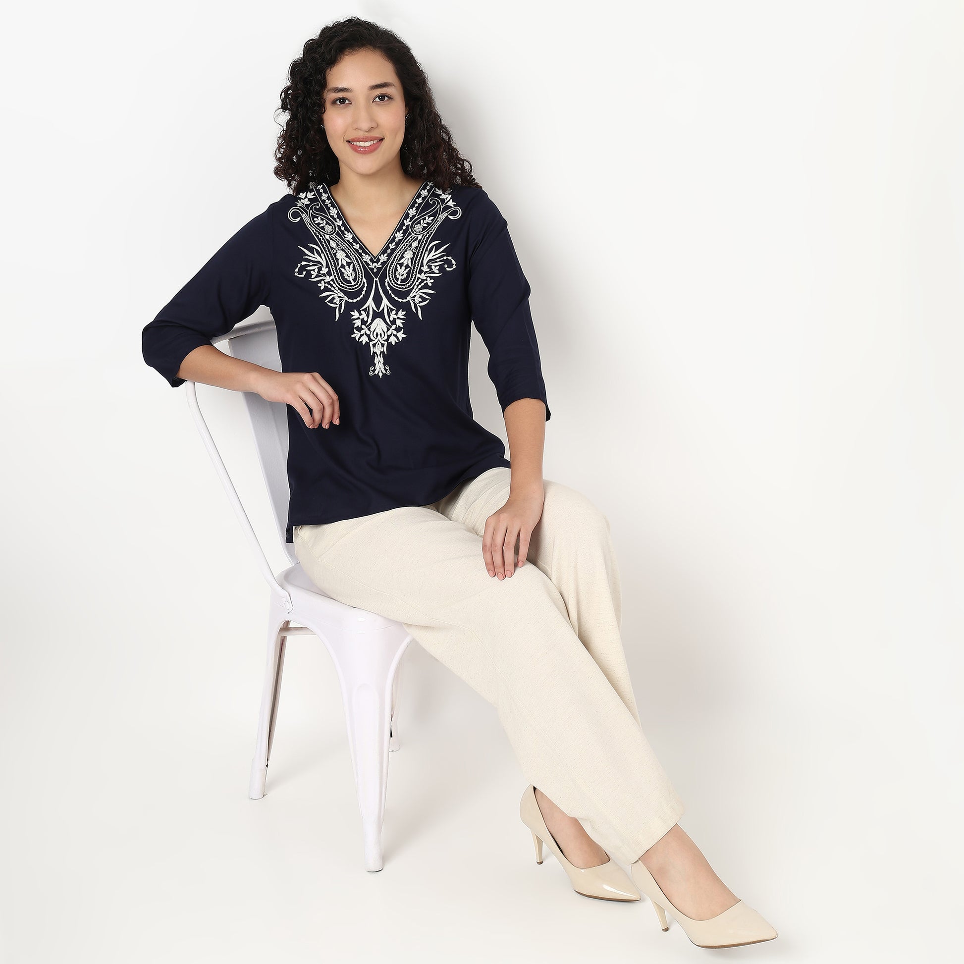 Embroidered V-Neck Short Kurta