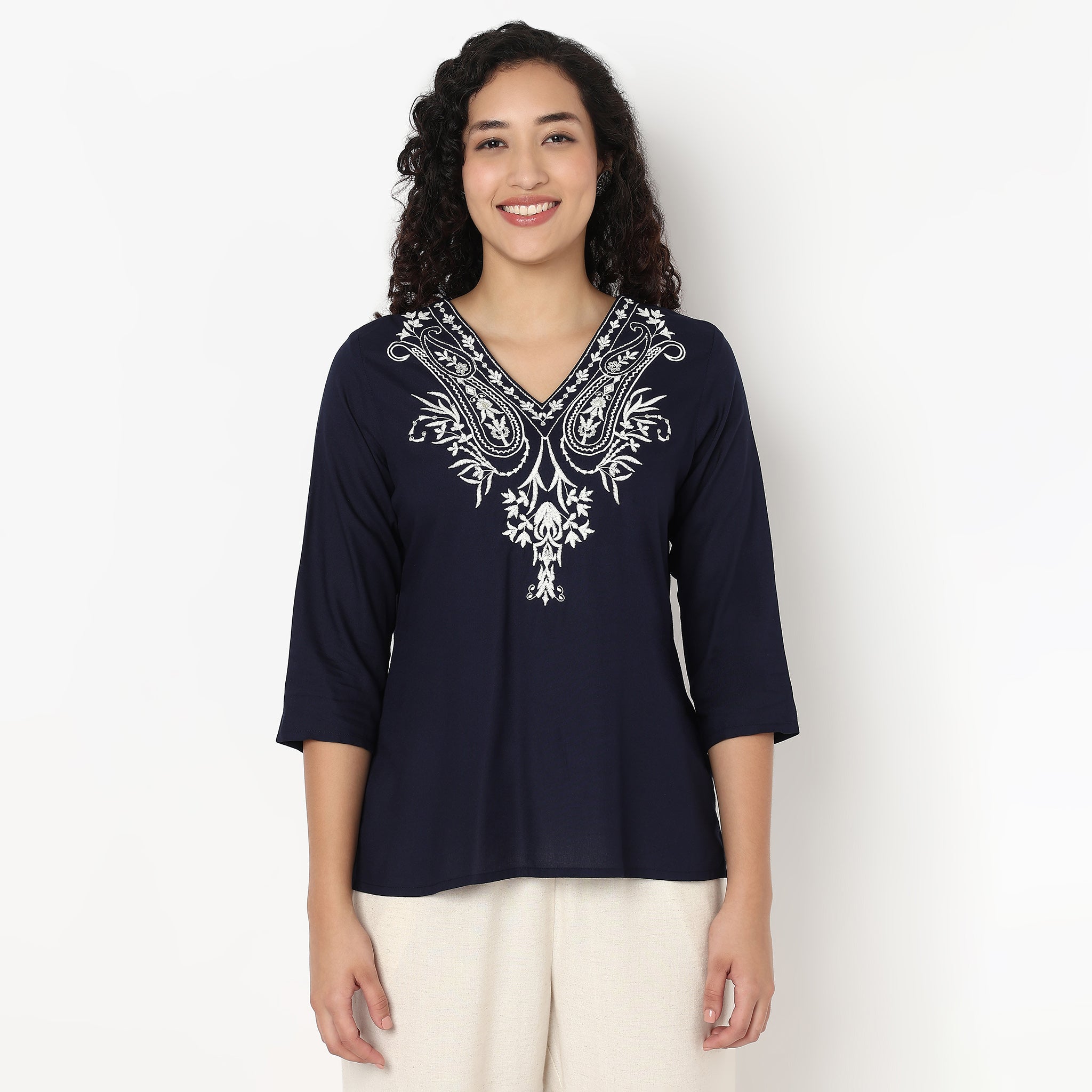 Embroidered V-Neck Short Kurta