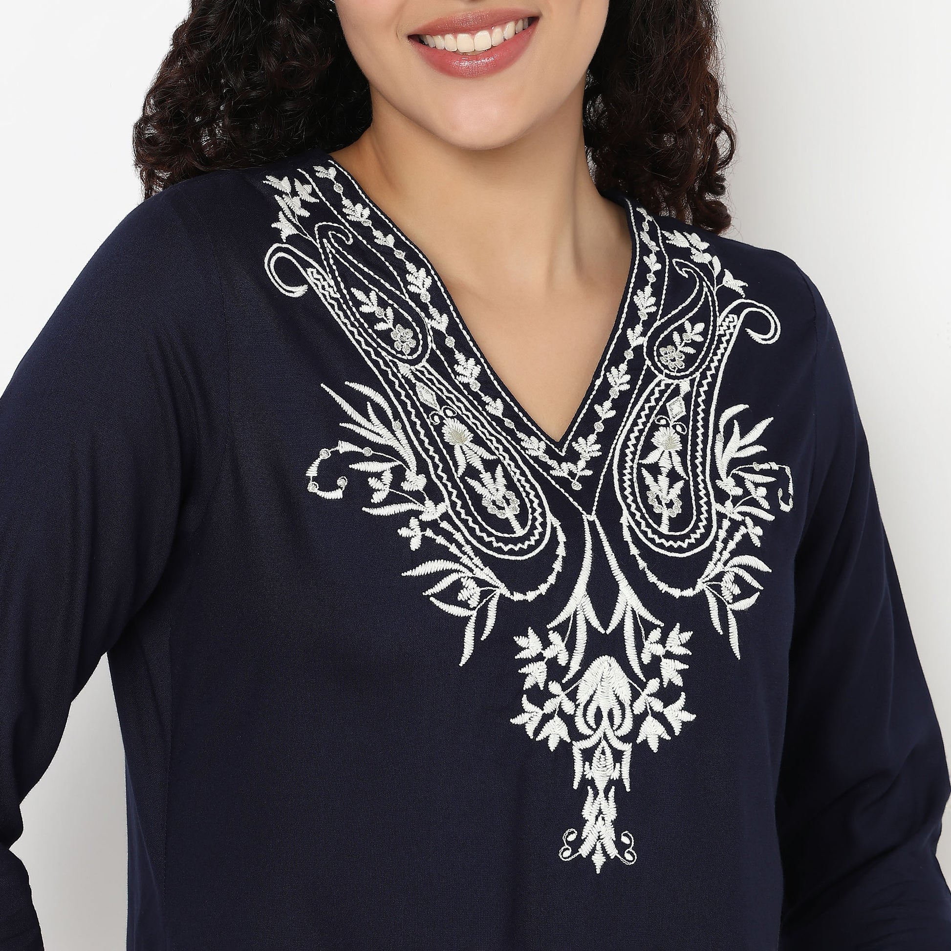 Embroidered V-Neck Short Kurta