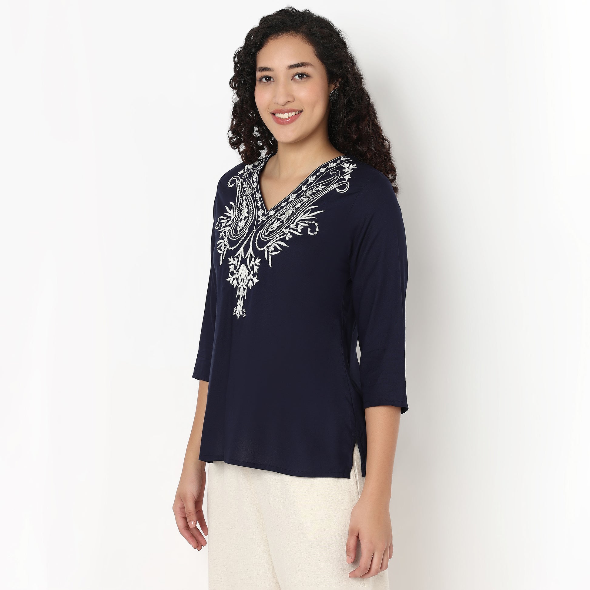 Embroidered V-Neck Short Kurta