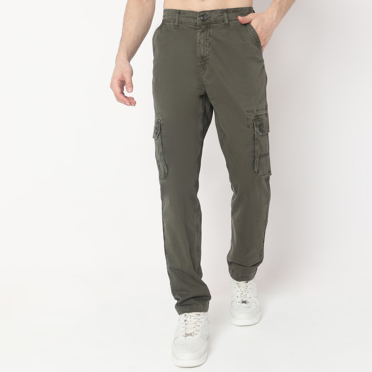 Regular Fit Solid Mid Rise Cargos