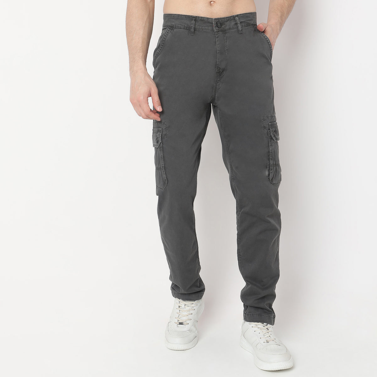 Regular Fit Solid Mid Rise Cargos