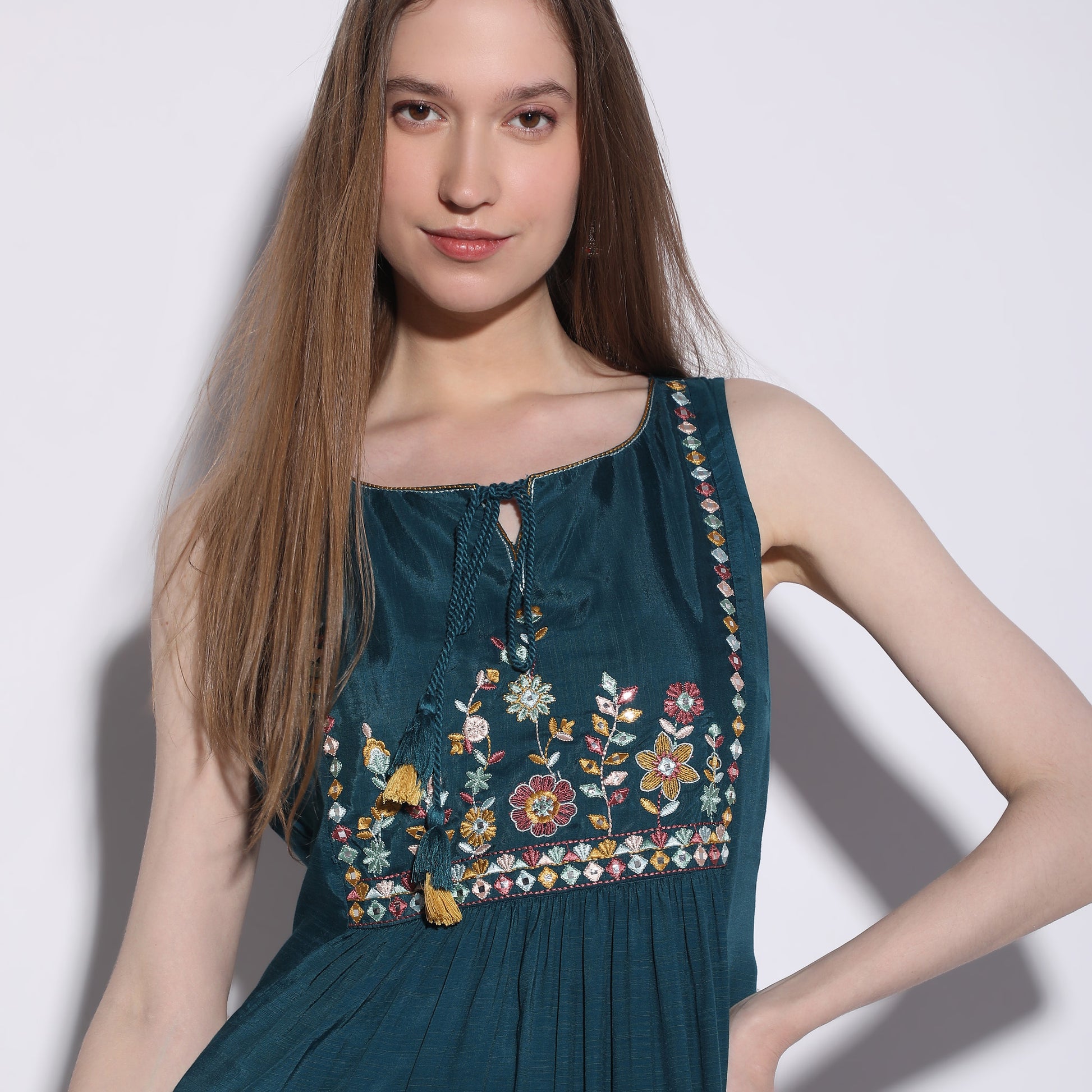 Flare Fit Embroidered Knee Length Sleeveless Dress