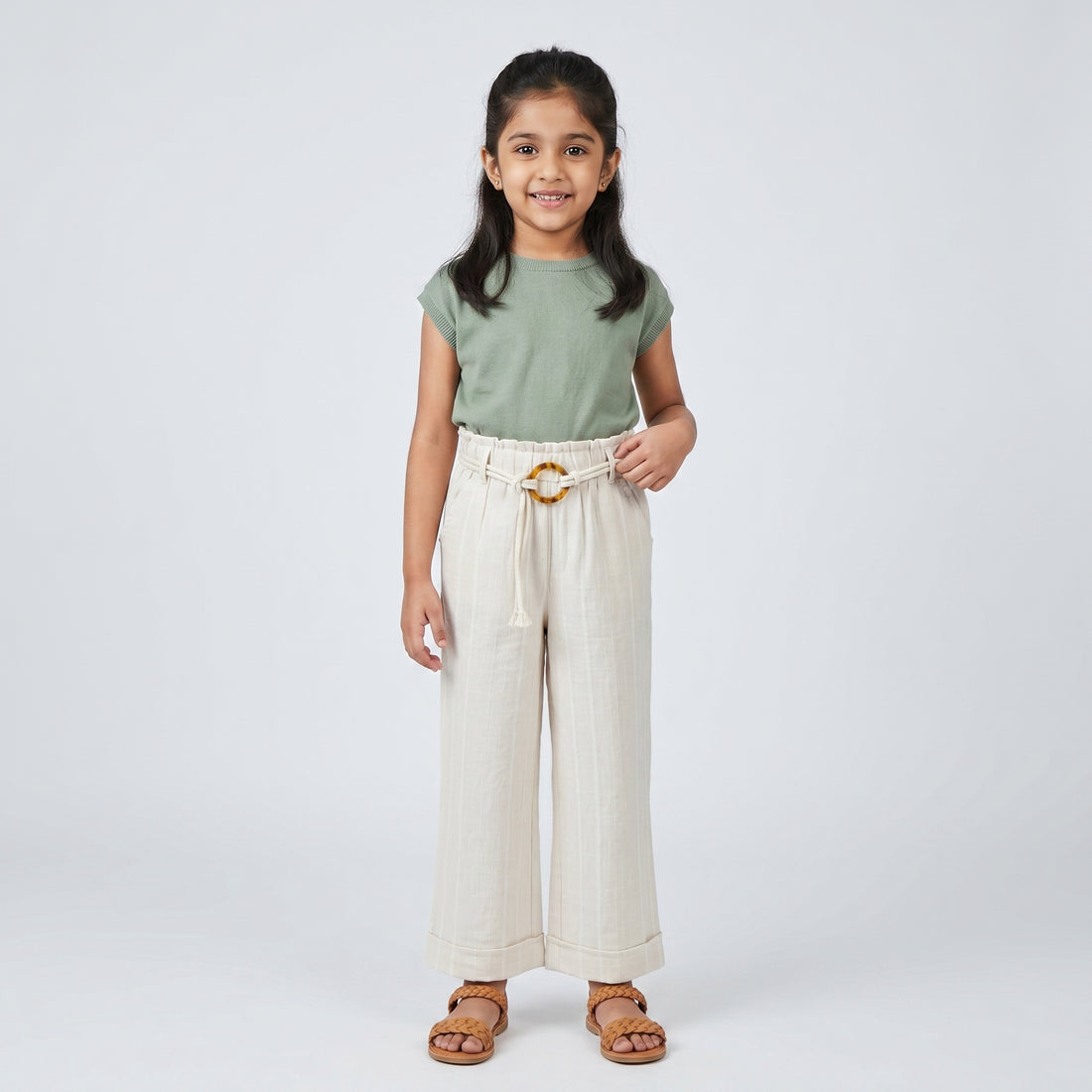 Girls Straight Wide Leg Pants With Belt Detail