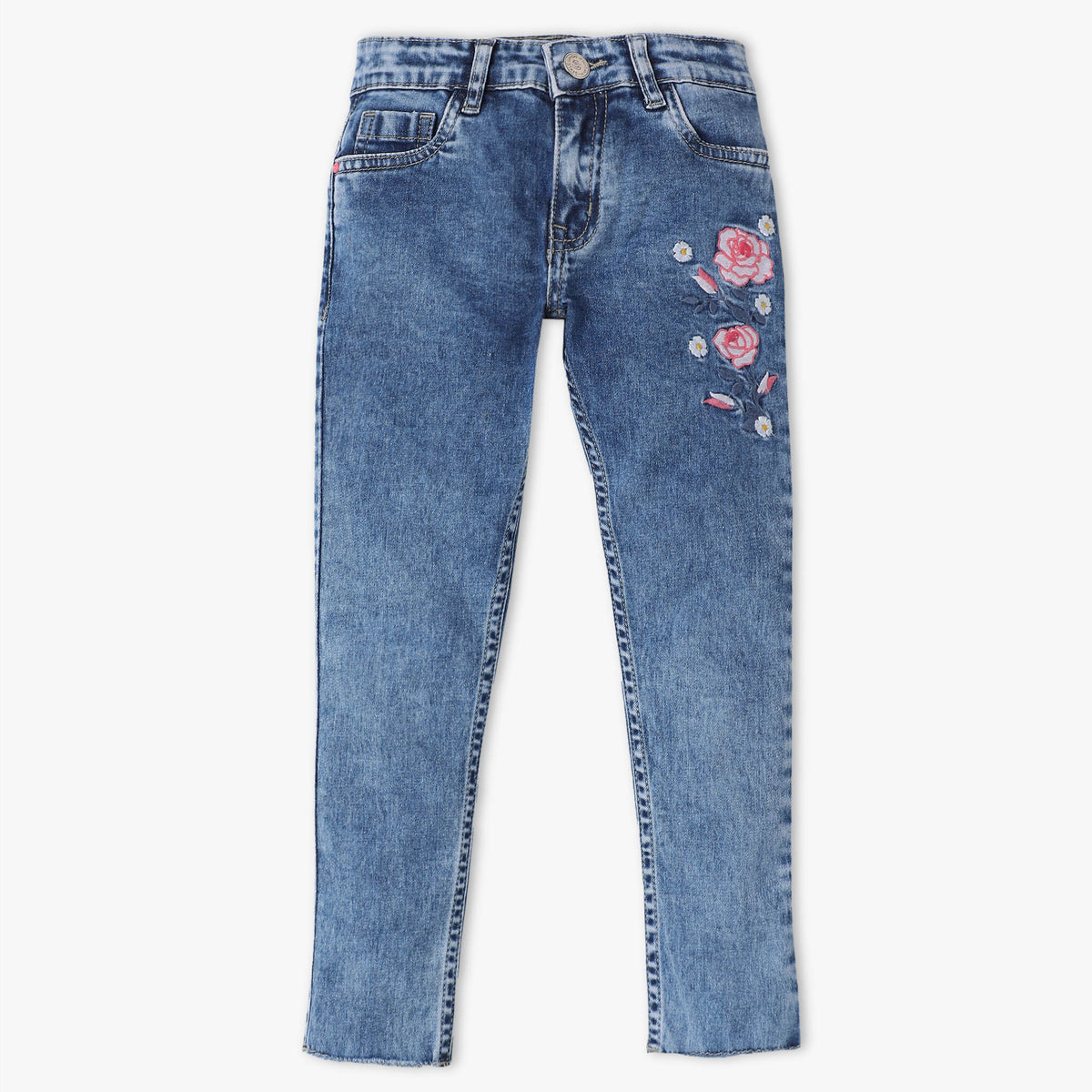 Girls Slim Fit Floral Embroidery Stretch Fabric Jeans