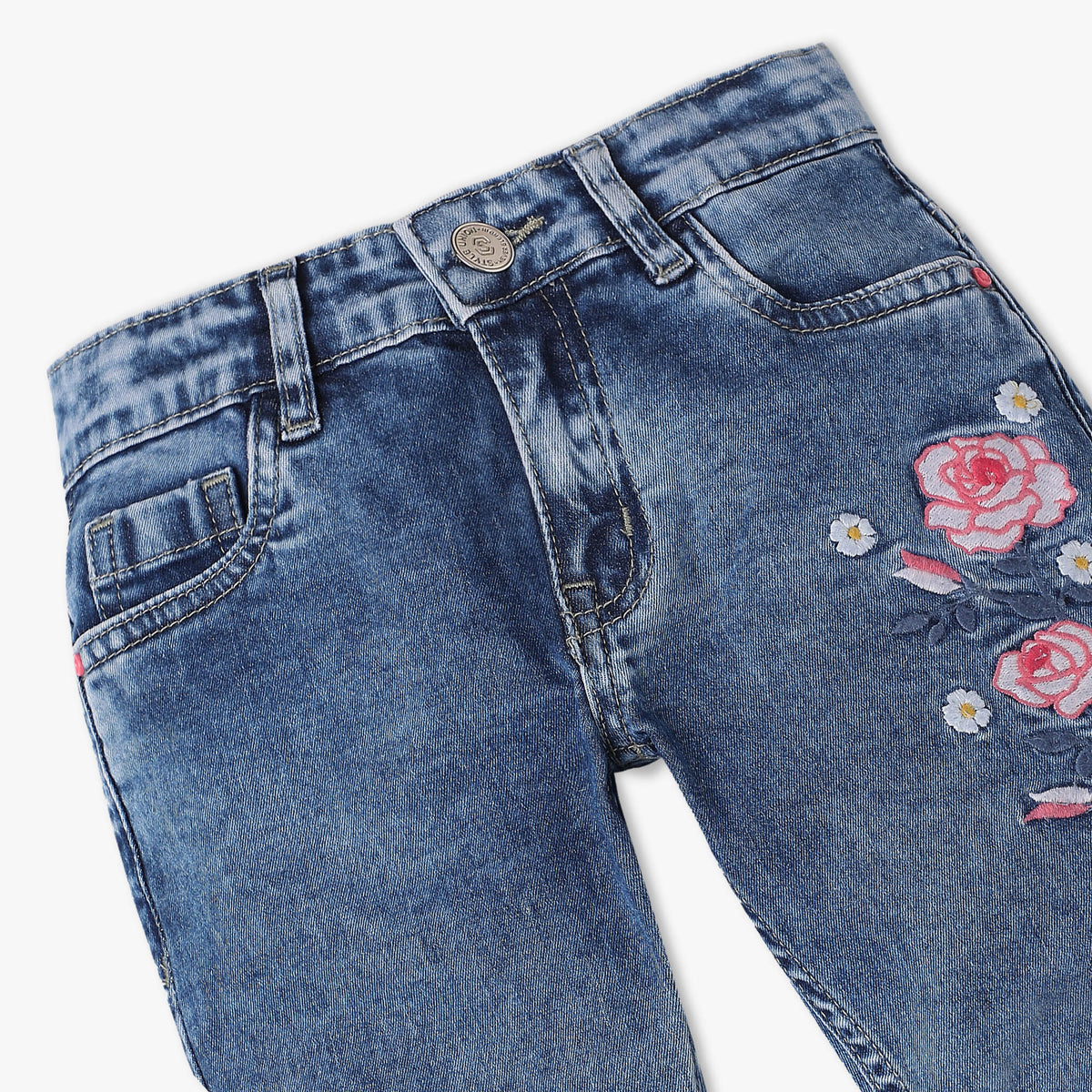 Girls Slim Fit Floral Embroidery Stretch Fabric Jeans