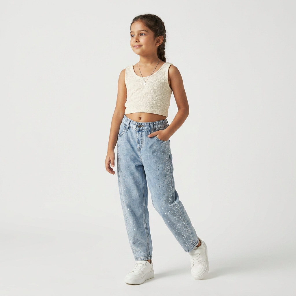 Girls Cotton Embellished Studded Denim