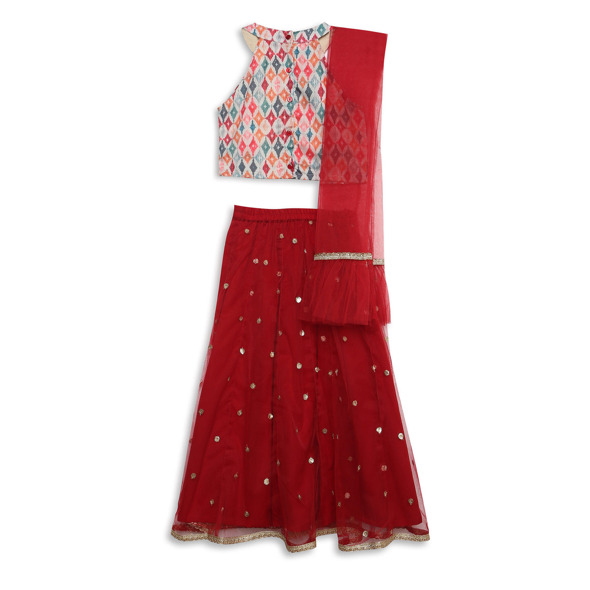 Girls Regular Fit Embellished Crop Top and Skirt with Dupatta Set