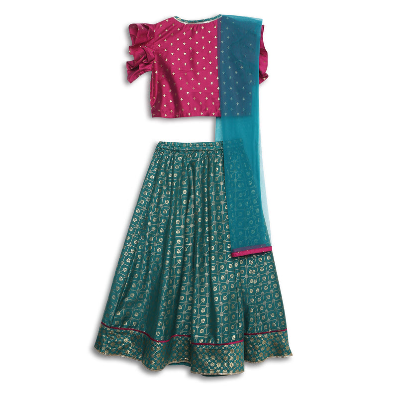 Girls Regular Fit Printed Crop Top and Skirt with Dupatta Set