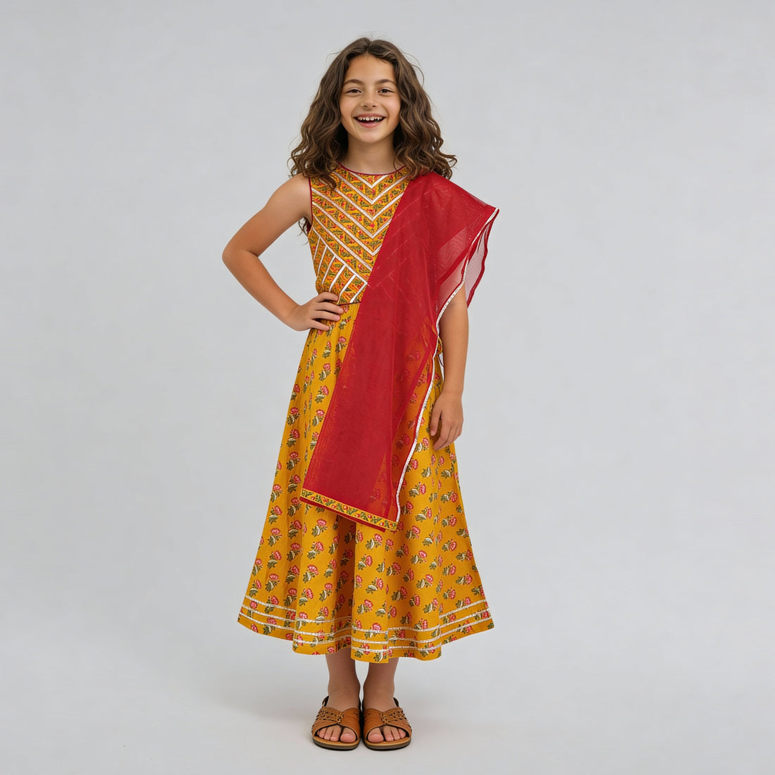 Girls Printed Choli with Skirt & with Dupatta Set