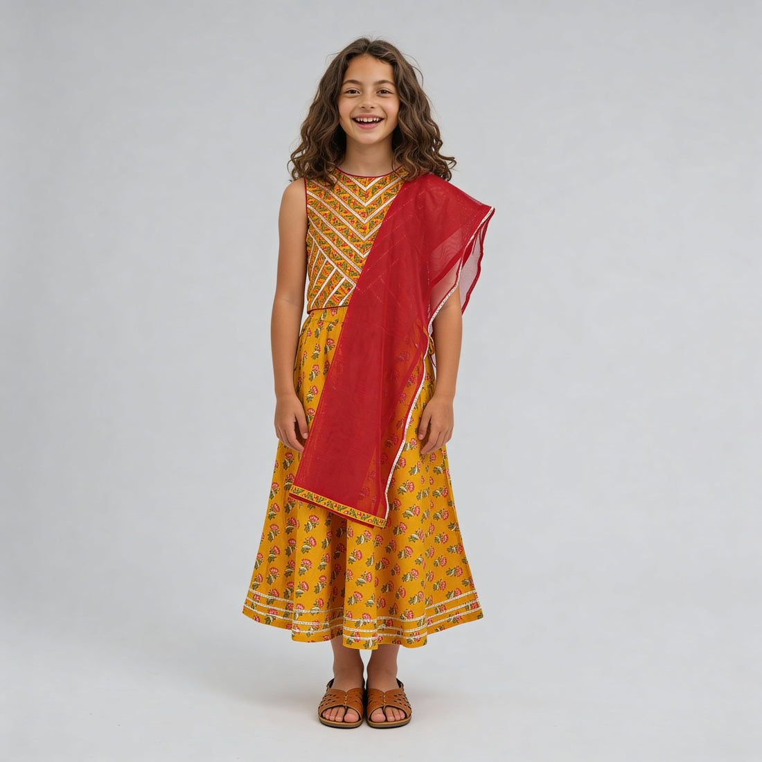 Girls Printed Choli with Skirt & with Dupatta Set