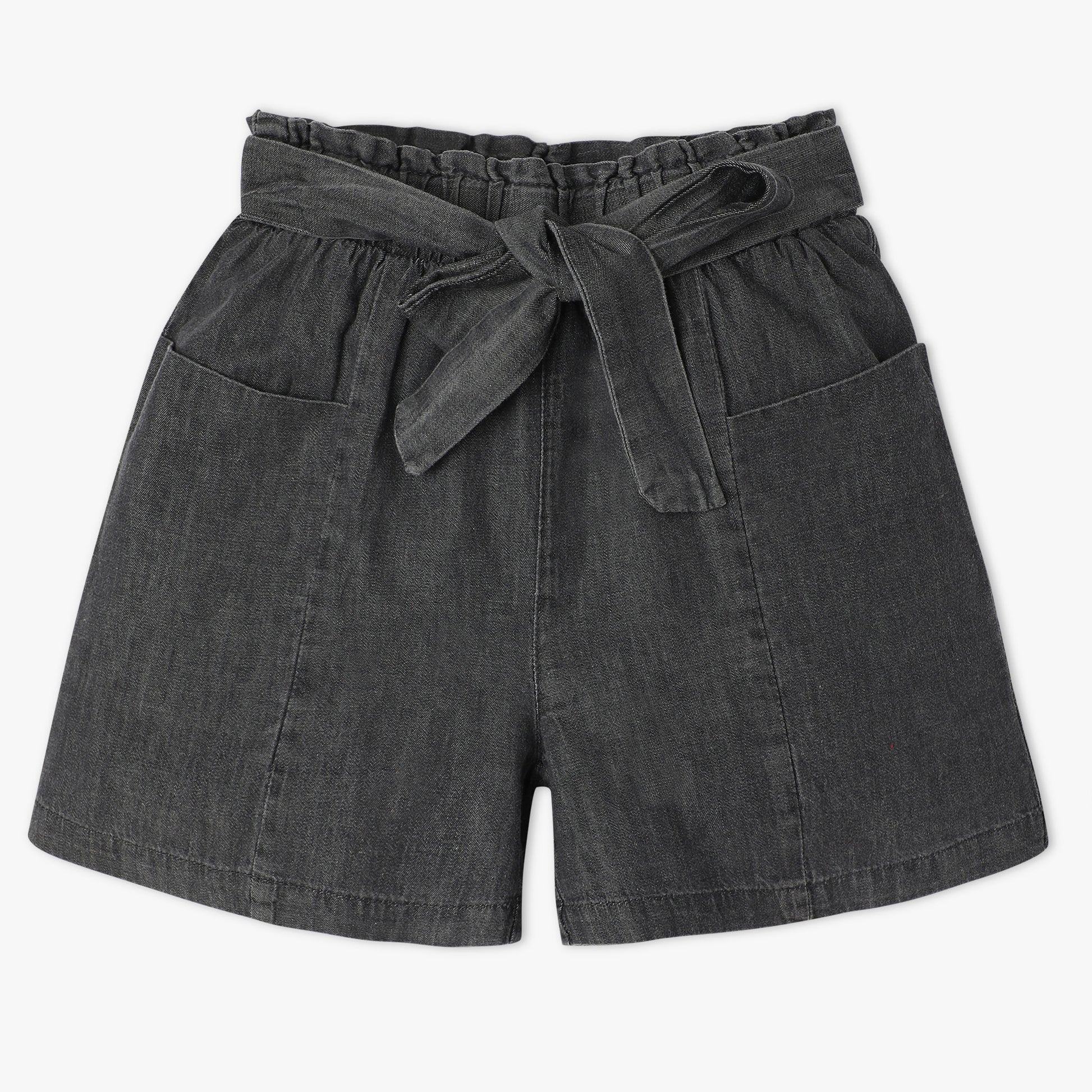 Girls Above Knee Elasticated Paper Bag Waist with Free Belt and Wide Leg Black Shorts