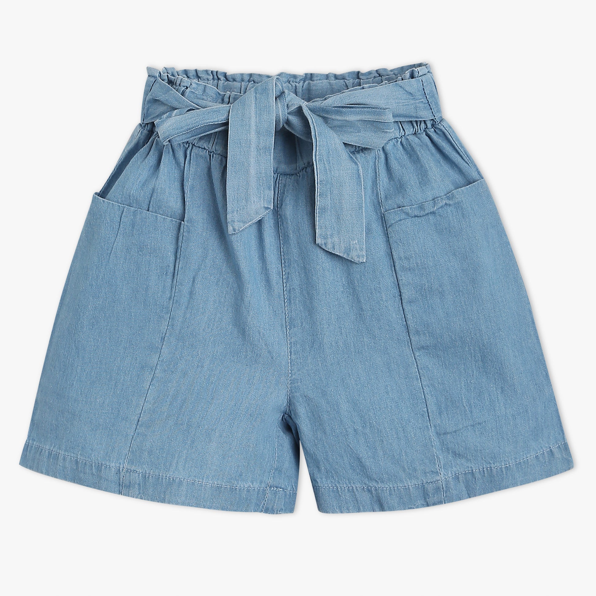 Girls Above Knee Elasticated Paper Bag Waist with Free Belt and Wide Leg Black Shorts