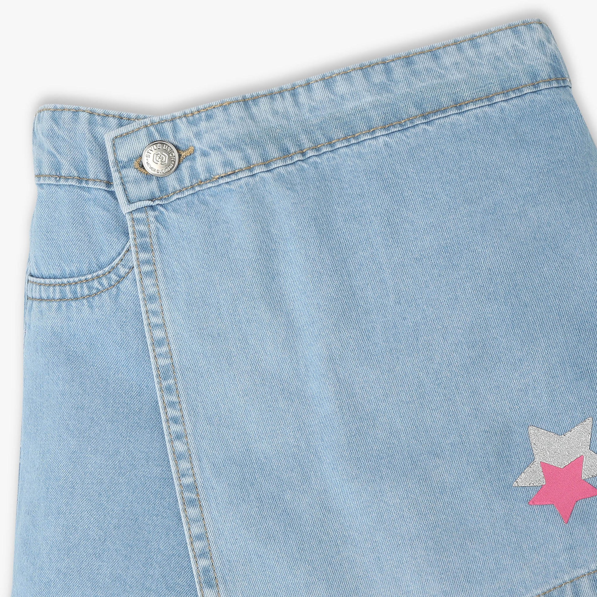 Girls Denim Short with Star Sequins Patch