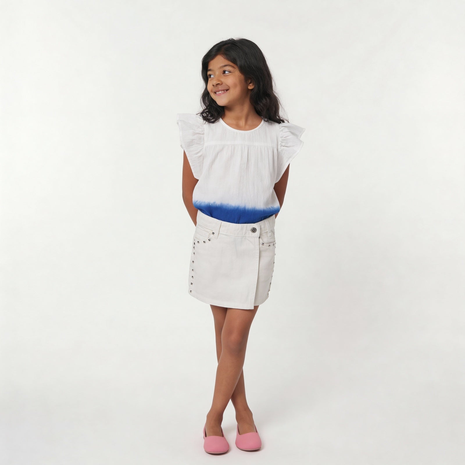 Girls Cotton Embellished White Studded Skort