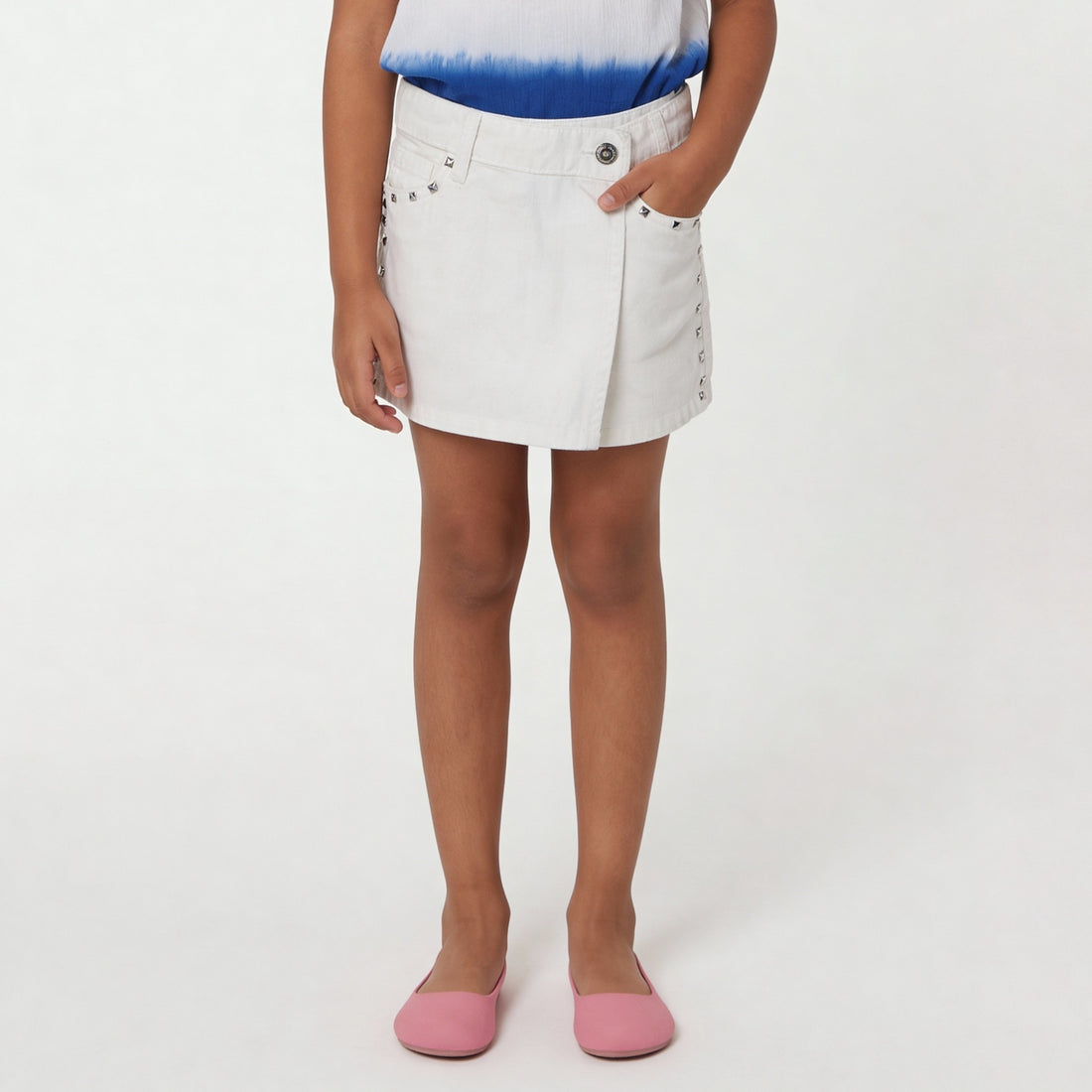 Girls Cotton Embellished White Studded Skort