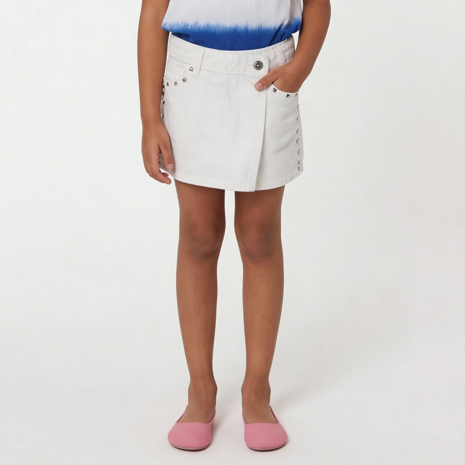 Girls Cotton Embellished White Studded Skort