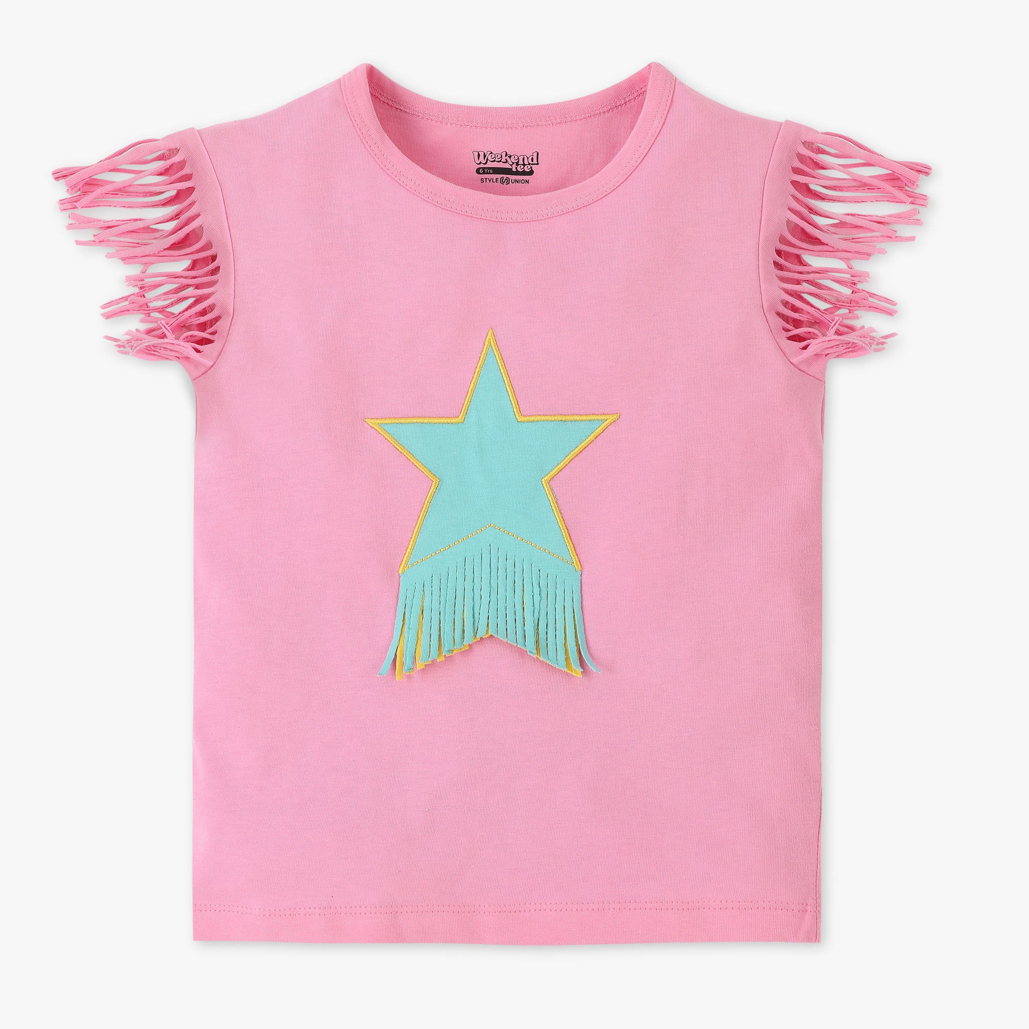 Girls Crew Neck Fashion The Solid "Elevate Your Special Outing Wardrobe with This Exclusive ""Floral Fairytale"" T-Shirt | Cute Cut-Out Detail |  Adorable Fairy Graphic With Soft Petal Embroidery | Rib Fabric For A Comfortable Fit and Easy Movement."