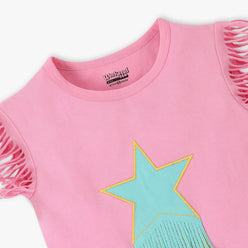 Girls Crew Neck Fashion The Solid "Elevate Your Special Outing Wardrobe with This Exclusive ""Floral Fairytale"" T-Shirt | Cute Cut-Out Detail |  Adorable Fairy Graphic With Soft Petal Embroidery | Rib Fabric For A Comfortable Fit and Easy Movement."