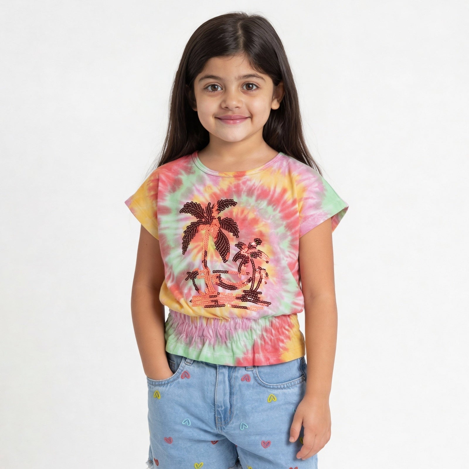 Girls Cotton Embellished Tie & Dye T-Shirt
