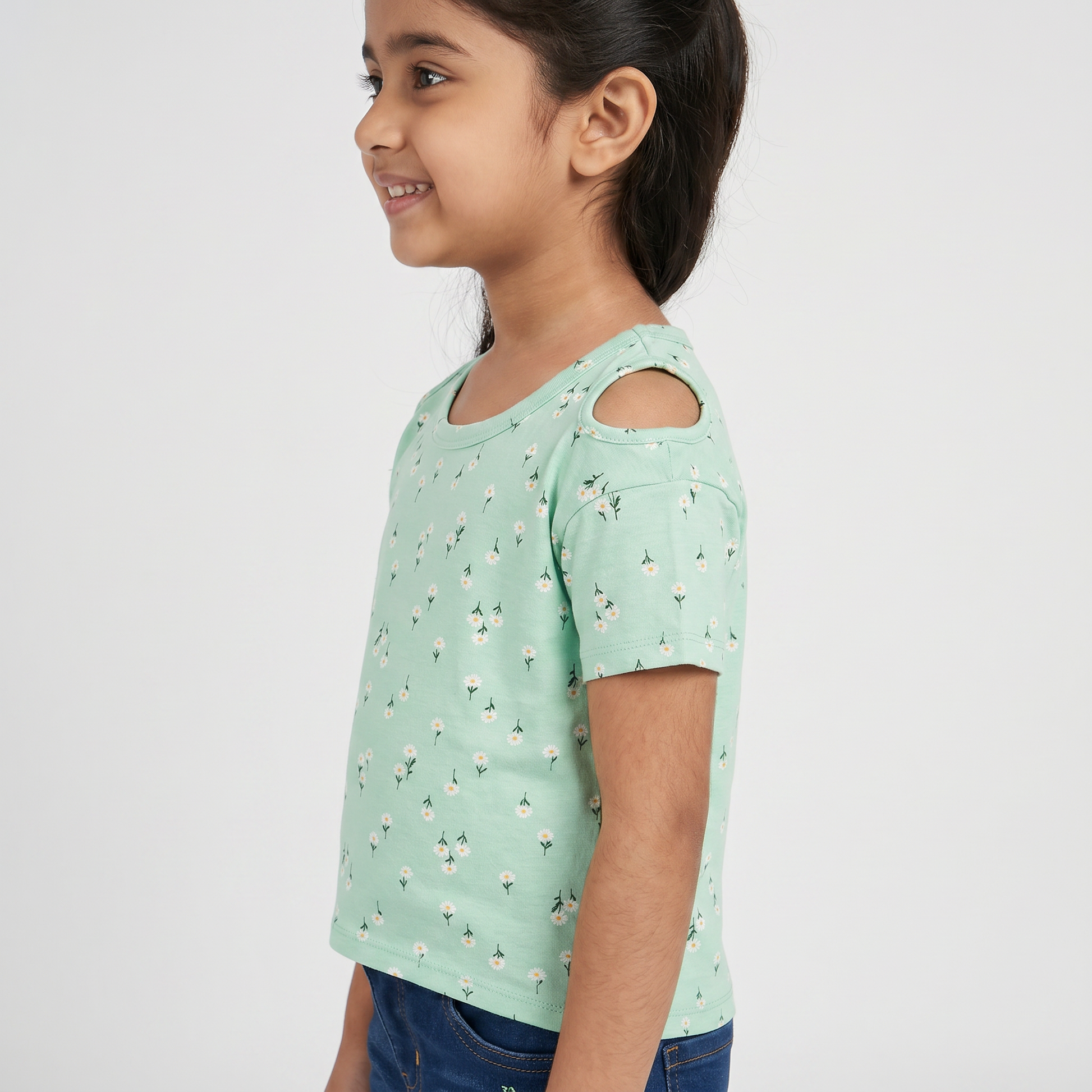 Girls Cotton Floral Crew Neck T-Shirt