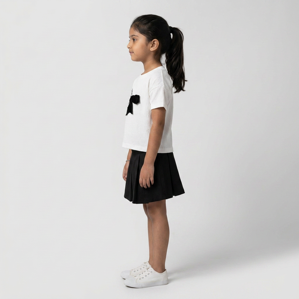 Girls Crew Neck Half 3D Bow Crinkle T-Shirt