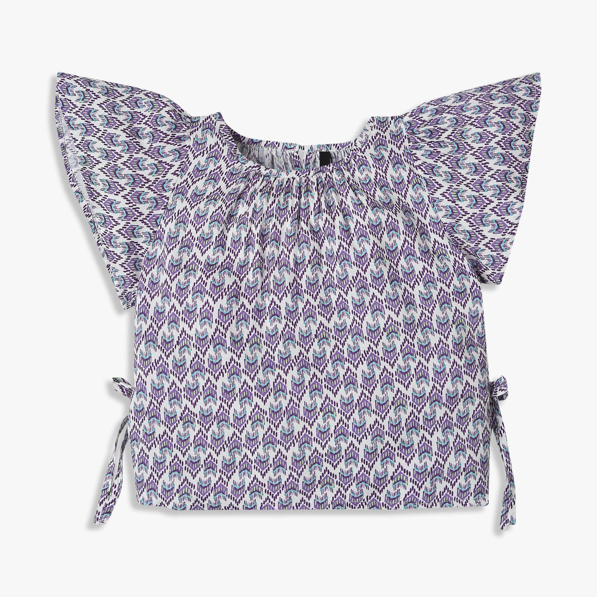 Girls Printed A-Line Binding Tape Detail Top with Flared Raglan Sleeve Fabric Top