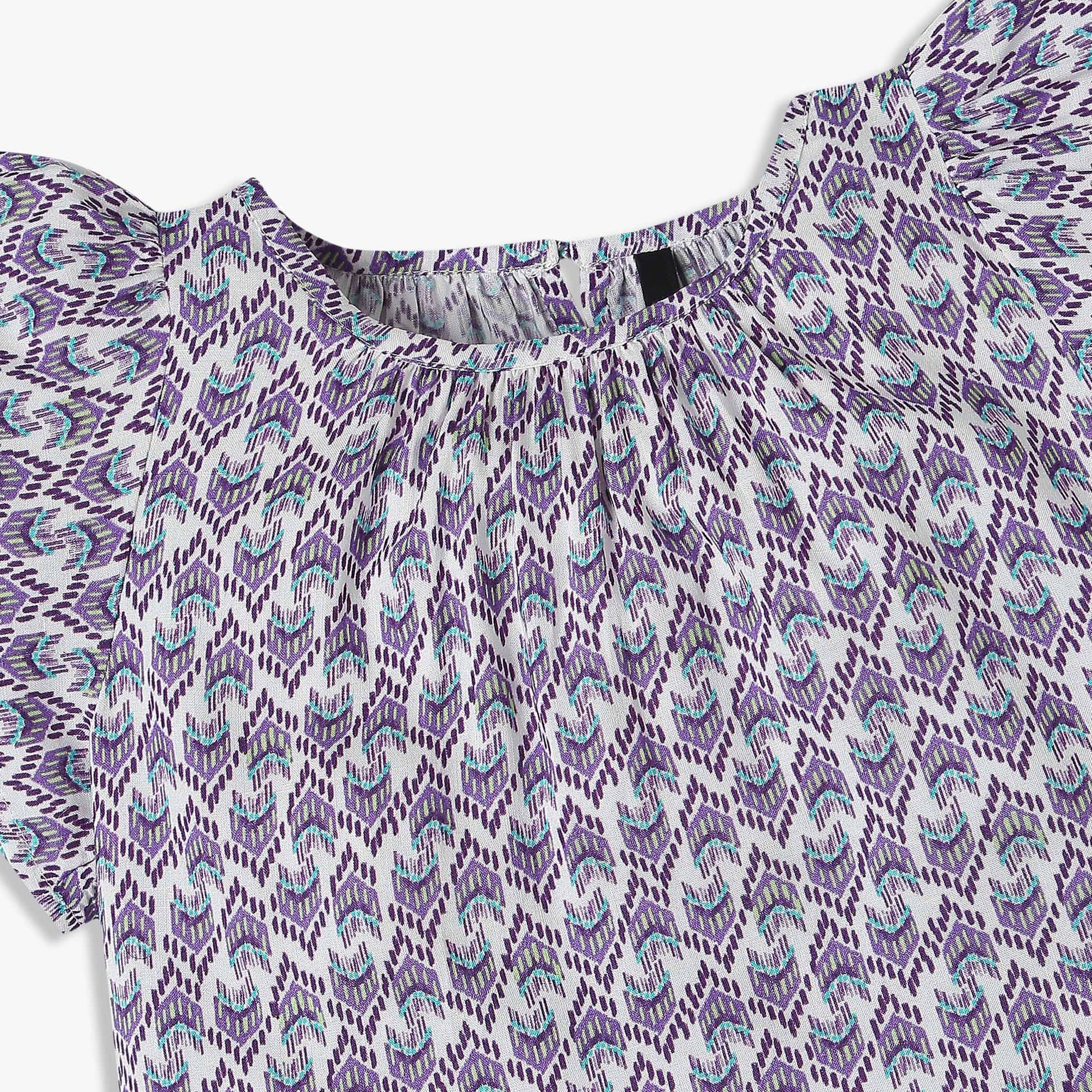 Girls Printed A-Line Binding Tape Detail Top with Flared Raglan Sleeve Fabric Top